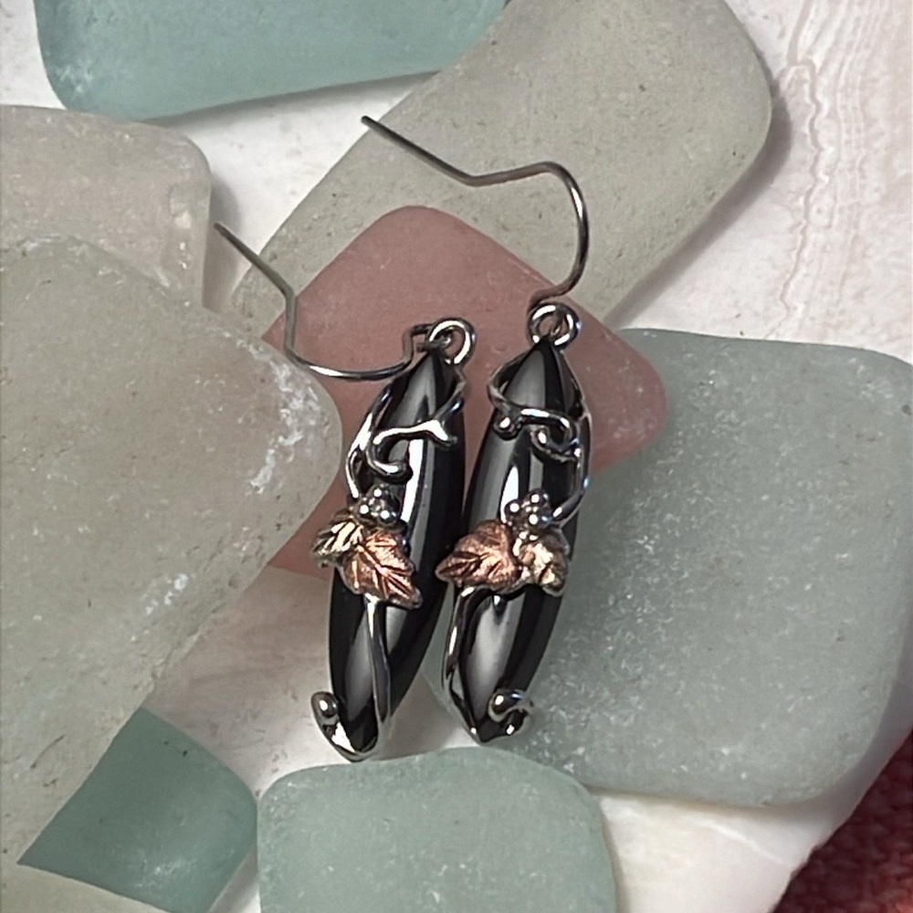 Landstrom’s Black Hills Gold Onyx Dangle Earrings